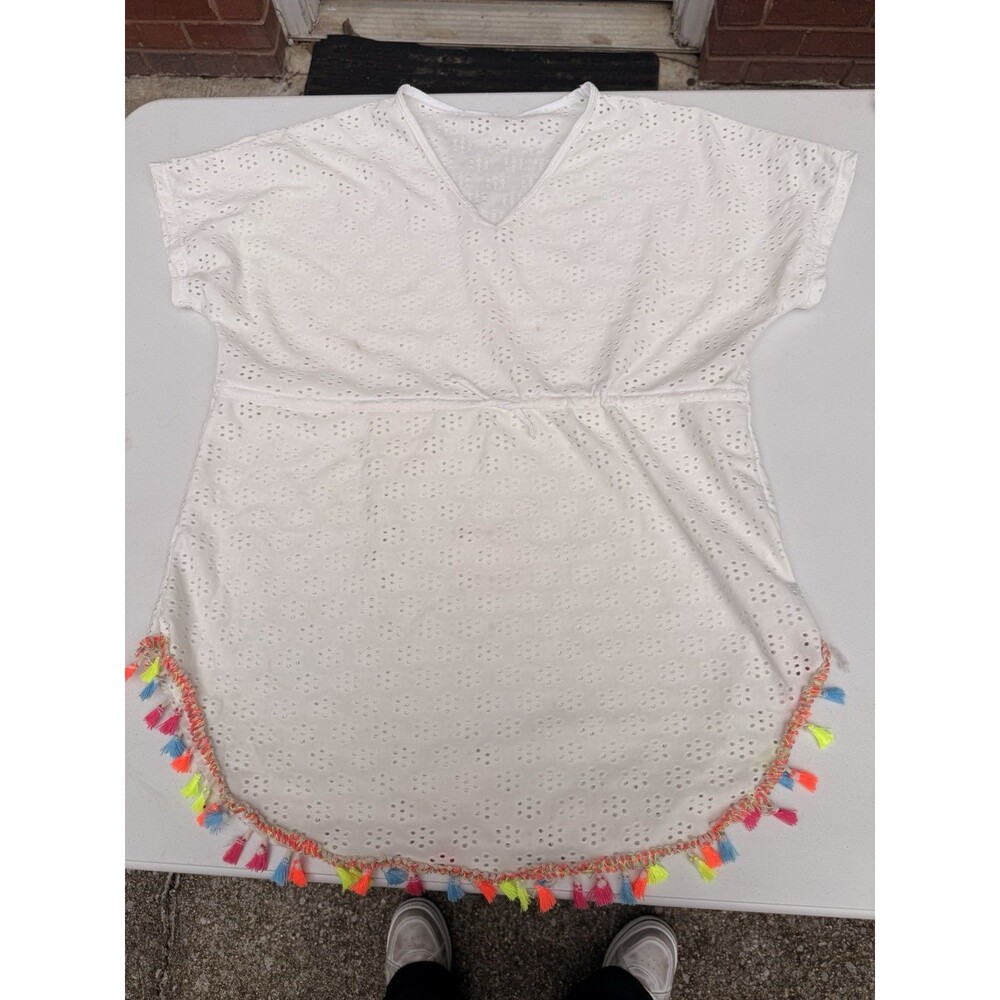 Beach Coverup For Kids Sz 10-12 White Multicolored Boho
